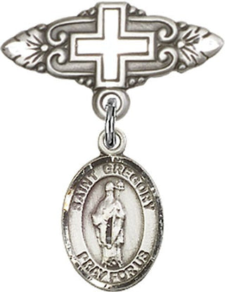 Sterling Silver Badge Pin With Cross St. Gregory the Great Baby Badge - Engravable