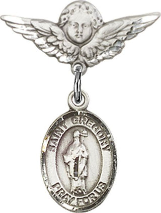 Sterling Silver Small Angel w/Wings St. Gregory the Great Baby Badge - Engravable