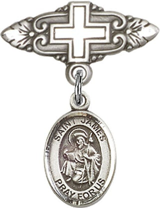 Sterling Silver Badge Pin With Cross St. James the Greater Baby Badge - Engravable