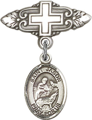 Sterling Silver Badge Pin With Cross St. Jason Baby Badge - Engravable