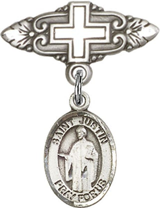 Sterling Silver Badge Pin With Cross St. Justin Baby Badge - Engravable