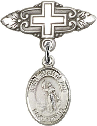 Sterling Silver Badge Pin With Cross St. Joan of Arc Baby Badge - Engravable
