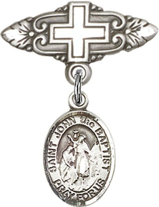 Sterling Silver Badge Pin With Cross St. John the Baptist Baby Badge - Engravable