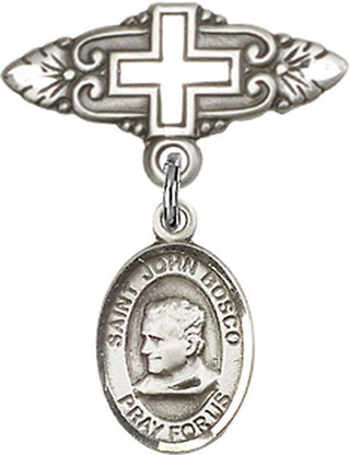 Sterling Silver Badge Pin With Cross St. John Bosco Baby Badge - Engravable