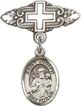 Sterling Silver Badge Pin With Cross St. Joseph Baby Badge - Engravable