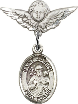 Sterling Silver Small Angel w/Wings St. Joseph Baby Badge - Engravable
