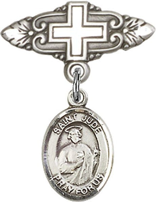 Sterling Silver Badge Pin With Cross St. Jude Thaddeus Baby Badge - Engravable