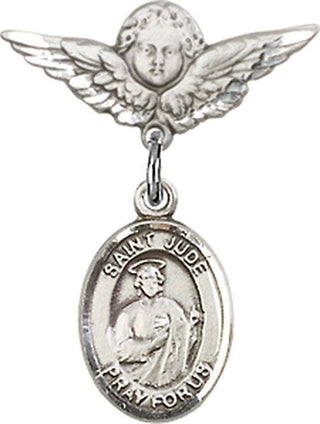 Sterling Silver Small Angel w/Wings St. Jude Thaddeus Baby Badge - Engravable