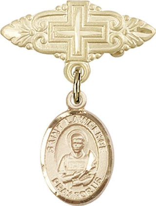 14kt Gold Badge Pin With Cross St. Lawrence Baby Badge - Engravable