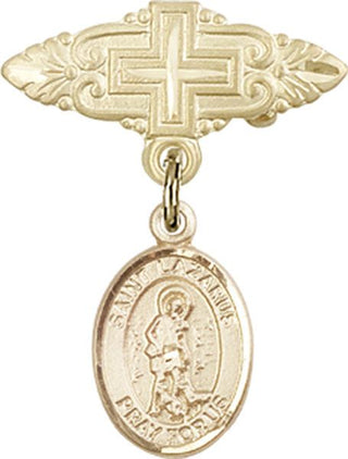 14kt Gold Badge Pin With Cross St. Lazarus Baby Badge - Engravable