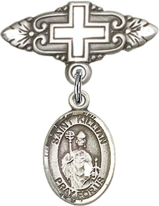 Sterling Silver Badge Pin With Cross St. Kilian Baby Badge - Engravable