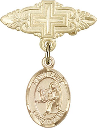 14kt Gold Filled Badge Pin With Cross St. Luke the Apostle Baby Badge - Engravable