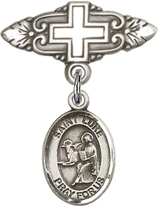 Sterling Silver Badge Pin With Cross St. Luke the Apostle Baby Badge - Engravable
