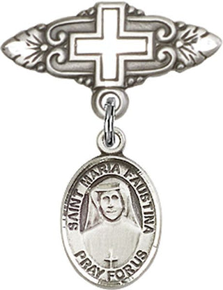 Sterling Silver Badge Pin With Cross St. Maria Faustina Baby Badge - Engravable
