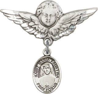 Sterling Silver Large Angel w/Wings St. Maria Faustina Baby Badge - Engravable