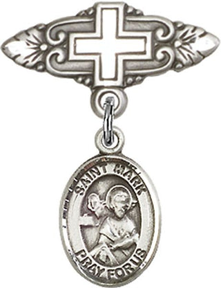 Sterling Silver Badge Pin With Cross St. Mark the Evangelist Baby Badge - Engravable