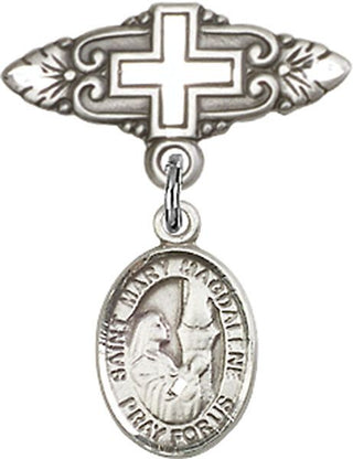 Sterling Silver Badge Pin With Cross St. Mary Magdalene Baby Badge - Engravable