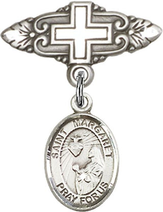Sterling Silver Badge Pin With Cross St. Margaret Mary Alacoque Baby Badge - Engravable