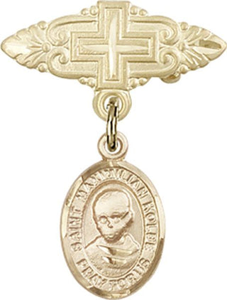 14kt Gold Badge Pin With Cross St. Maximilian Kolbe Baby Badge - Engravable