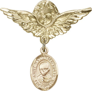 14kt Gold Large Angel w/Wings St. Maximilian Kolbe Baby Badge - Engravable
