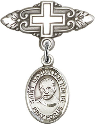 Sterling Silver Badge Pin With Cross St. Maximilian Kolbe Baby Badge - Engravable