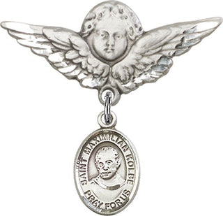 Sterling Silver Large Angel w/Wings St. Maximilian Kolbe Baby Badge - Engravable