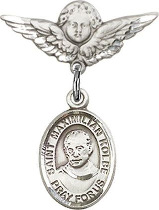 Sterling Silver Small Angel w/Wings St. Maximilian Kolbe Baby Badge - Engravable