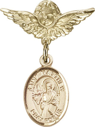 14kt Gold Small Angel w/Wings St. Matthew the Apostle Baby Badge - Engravable
