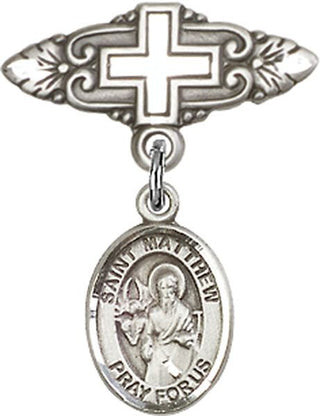 Sterling Silver Badge Pin With Cross St. Matthew the Apostle Baby Badge - Engravable