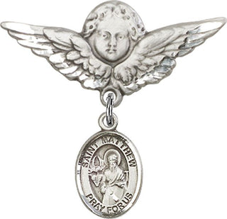 Sterling Silver Large Angel w/Wings St. Matthew the Apostle Baby Badge - Engravable