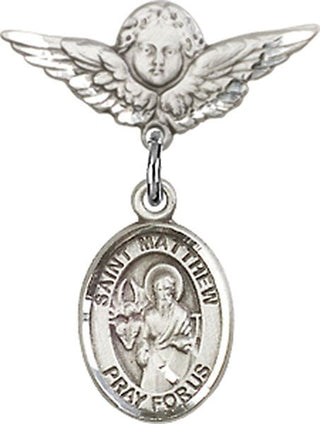Sterling Silver Small Angel w/Wings St. Matthew the Apostle Baby Badge - Engravable