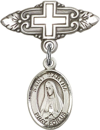 Sterling Silver Badge Pin With Cross St. Martha Baby Badge - Engravable