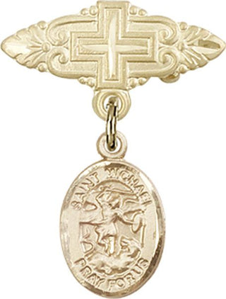 14kt Gold Badge Pin With Cross St. Michael the Archangel Baby Badge - Engravable