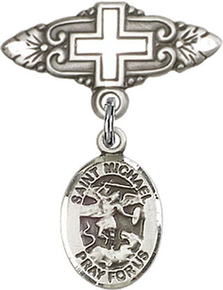 Sterling Silver Badge Pin With Cross St. Michael the Archangel Baby Badge - Engravable