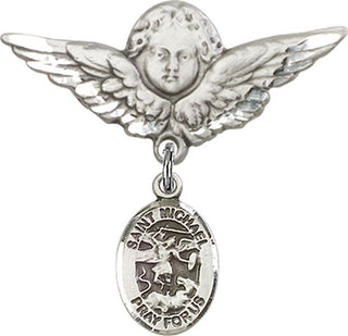 Sterling Silver Large Angel w/Wings St. Michael the Archangel Baby Badge - Engravable