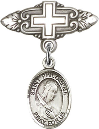 Sterling Silver Badge Pin With Cross St. Philomena Baby Badge - Engravable
