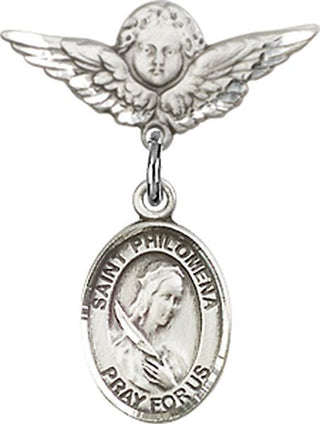 Sterling Silver Small Angel w/Wings St. Philomena Baby Badge - Engravable