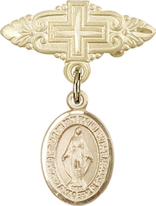 14kt Gold Badge Pin With Cross Miraculous Baby Badge - Engravable