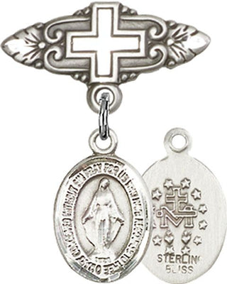 Sterling Silver Badge Pin With Cross Miraculous Baby Badge - Engravable