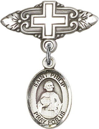 Sterling Silver Badge Pin With Cross St. Philip the Apostle Baby Badge - Engravable