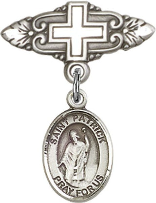 Sterling Silver Badge Pin With Cross St. Patrick Baby Badge - Engravable