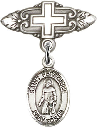 Sterling Silver Badge Pin With Cross St. Peregrine Laziosi Baby Badge - Engravable