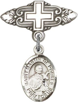 Sterling Silver Badge Pin With Cross St. Martin de Porres Baby Badge - Engravable