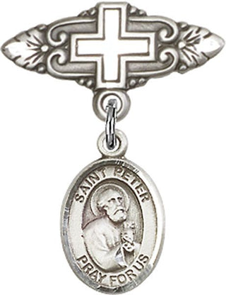 Sterling Silver Badge Pin With Cross St. Peter the Apostle Baby Badge - Engravable