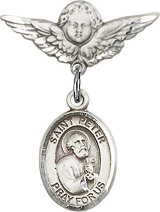Sterling Silver Small Angel w/Wings St. Peter the Apostle Baby Badge - Engravable