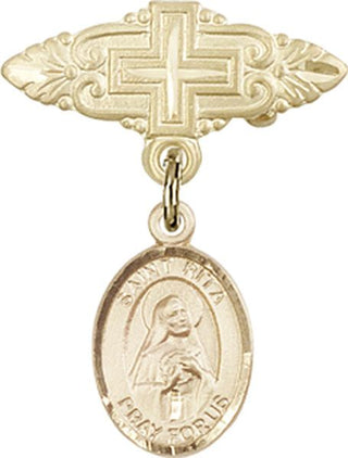 14kt Gold Filled Badge Pin With Cross St. Rita of Cascia Baby Badge - Engravable