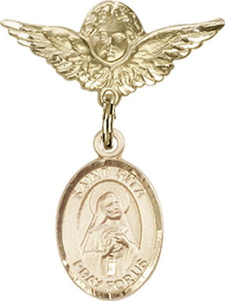 14kt Gold Small Angel w/Wings St. Rita of Cascia Baby Badge - Engravable