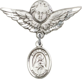Sterling Silver Large Angel w/Wings St. Rita of Cascia Baby Badge - Engravable