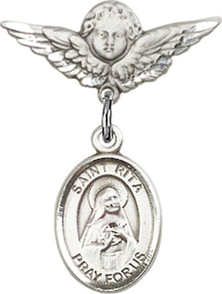 Sterling Silver Small Angel w/Wings St. Rita of Cascia Baby Badge - Engravable