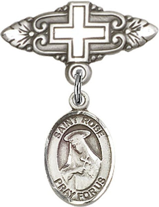 Sterling Silver Badge Pin With Cross St. Rose of Lima Baby Badge - Engravable